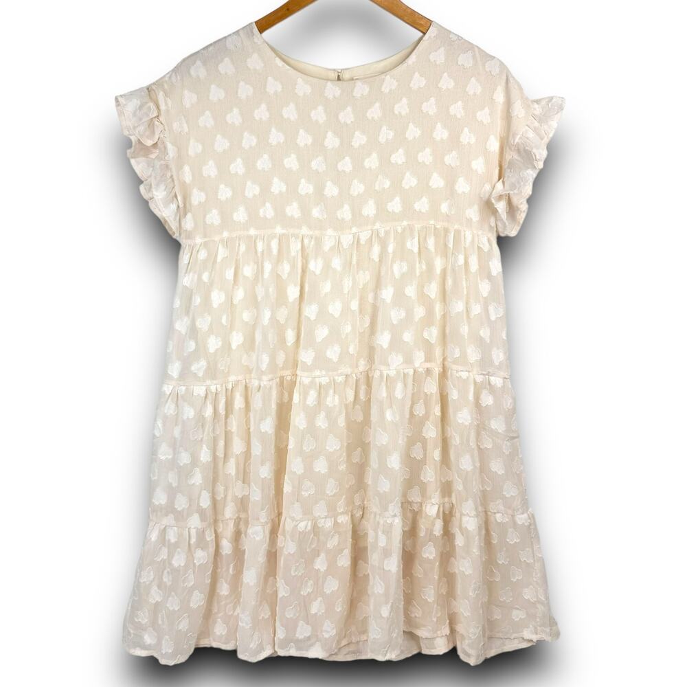 Aaron & Amber Casual Short Sleeve Ruffle Babydoll Dress Knee Length Cream Small
